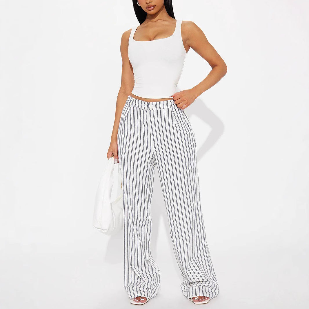 Damen Leinenoptik Palazzo-Hose mit hoher Taille und vertikalen Streifen – Avérine