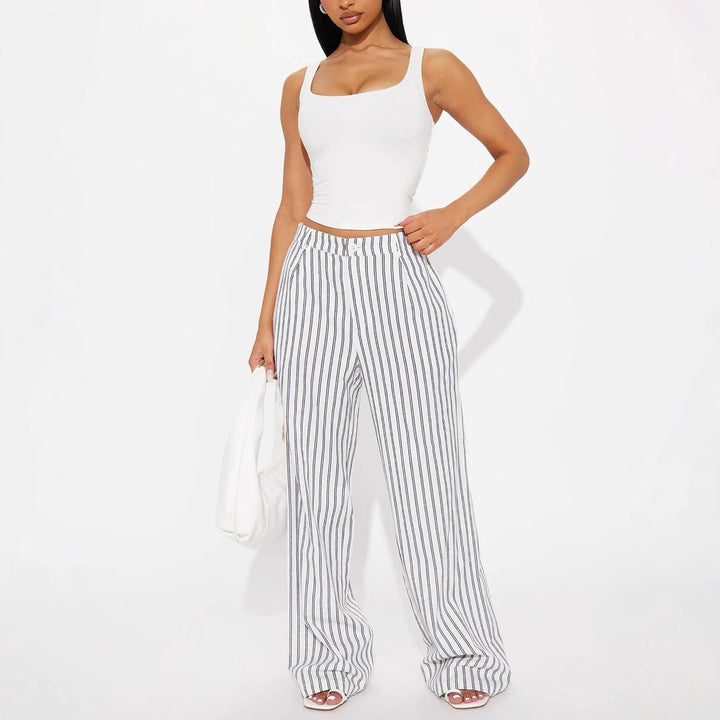 Damen Leinenoptik Palazzo-Hose mit hoher Taille und vertikalen Streifen – Avérine