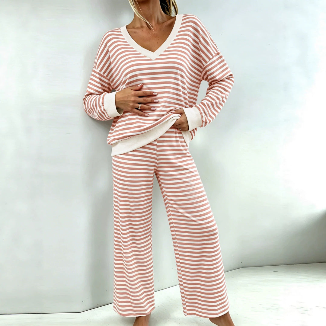 Damen Gestreiftes Lounge-Set mit V-Ausschnitt, Oversize-Pullover und Palazzo-Hose Echoarchiv