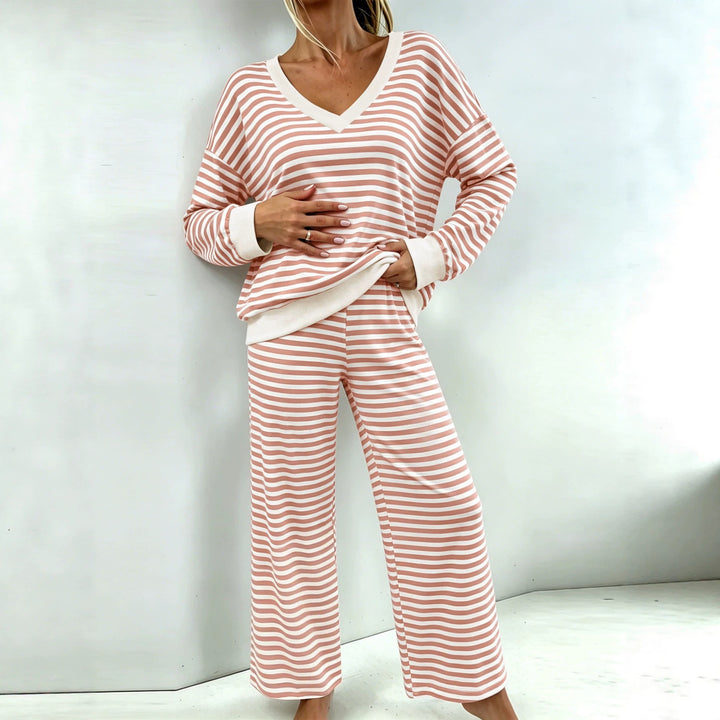 Damen Gestreiftes Lounge-Set mit V-Ausschnitt, Oversize-Pullover und Palazzo-Hose Echoarchiv