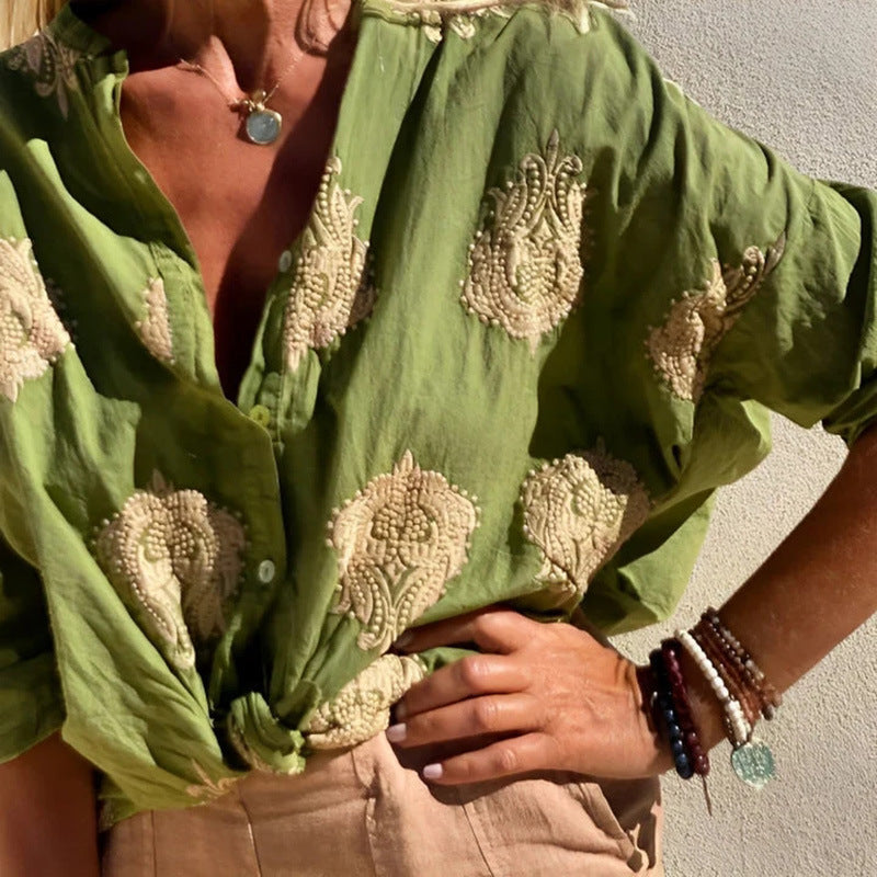 Damen Boho Leinen Bluse mit Perlenstickerei und Knotenband Echoarchiv