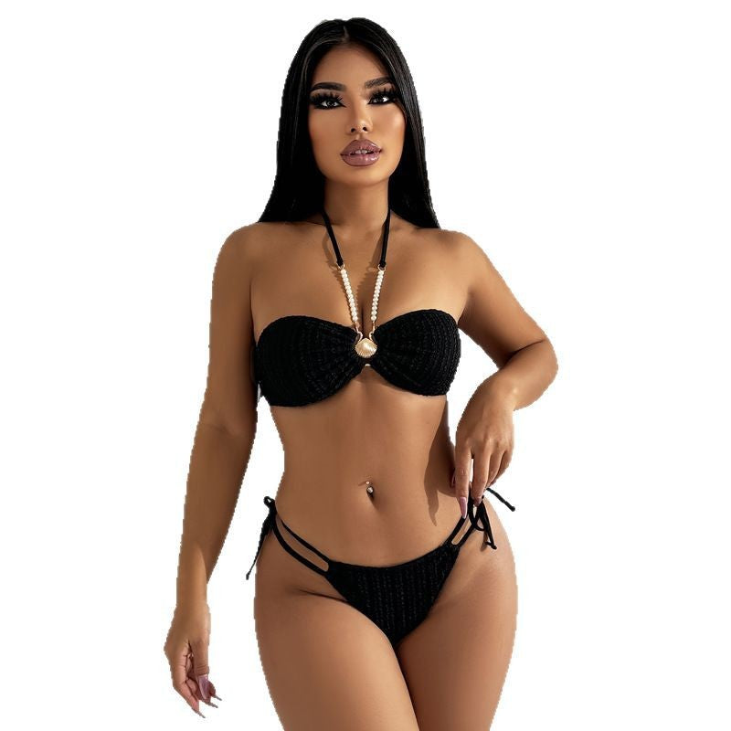 Damen Bandeau-Bikini mit gemustertem Oberteil und dekorativer Perlenverzierung Echo Archiv