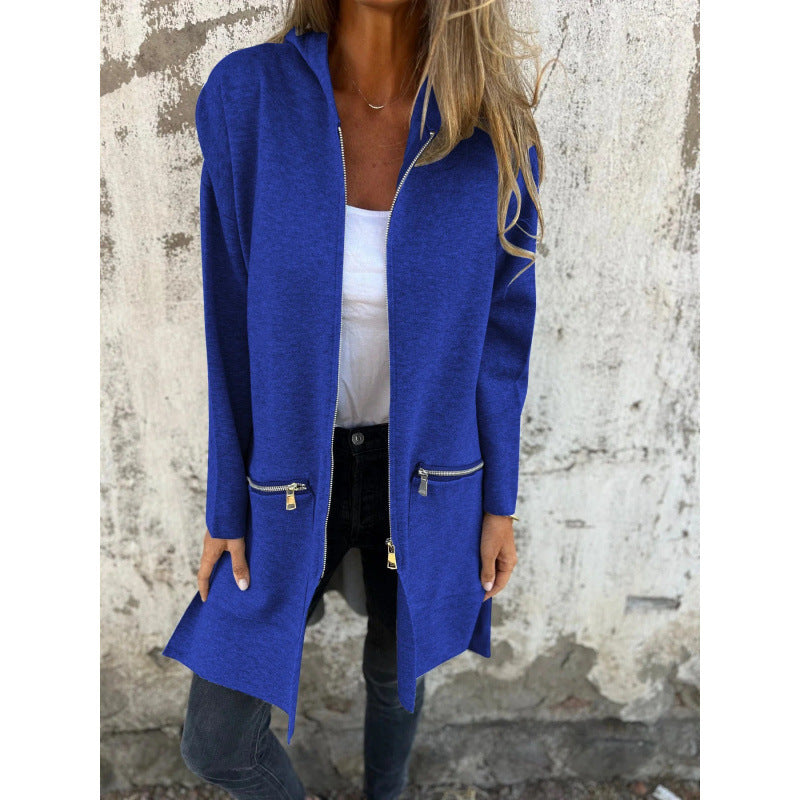Damen Kapuzen-Longcardigan mit durchgehendem Reißverschluss und Ziertaschen Echo Archiv
