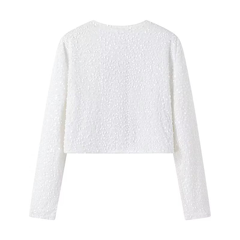 Damen Kurze Paillettenjacke mit Zierschleifen, Rundhalsausschnitt und langen Ärmeln Echo Archiv