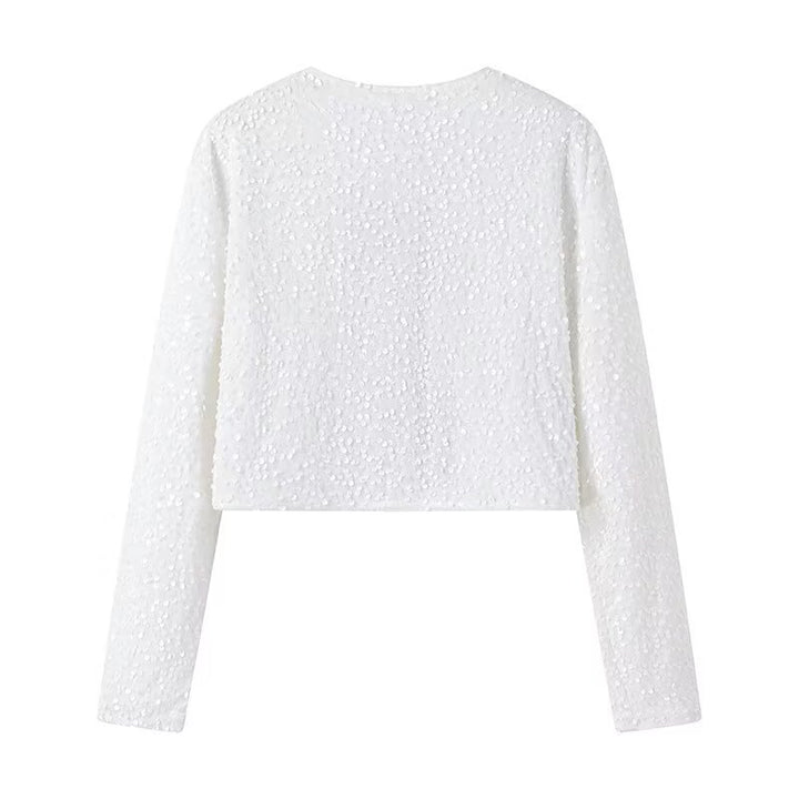 Damen Kurze Paillettenjacke mit Zierschleifen, Rundhalsausschnitt und langen Ärmeln Echo Archiv
