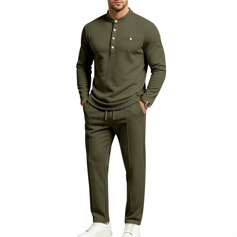Herren Zweiteiliges Freizeitset mit Henley-Langarmshirt, Stehkragen und Komfort-Jogginghose – Sorevano