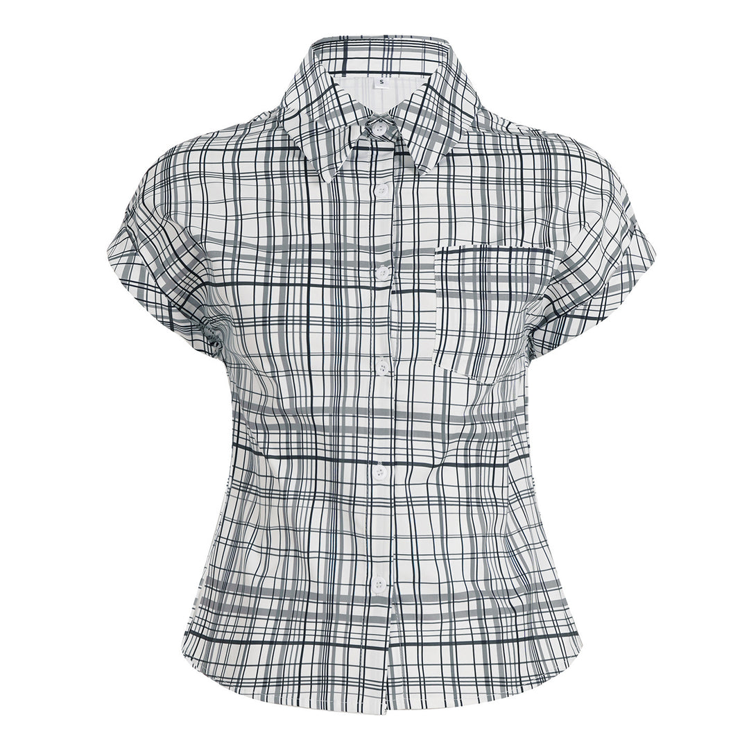 Damen Kurzarm-Karobluse mit tailliertem Schnitt und Knopfdetails Echo Archiv