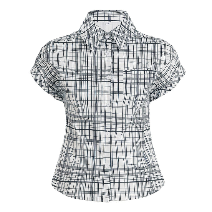 Damen Kurzarm-Karobluse mit tailliertem Schnitt und Knopfdetails Echo Archiv
