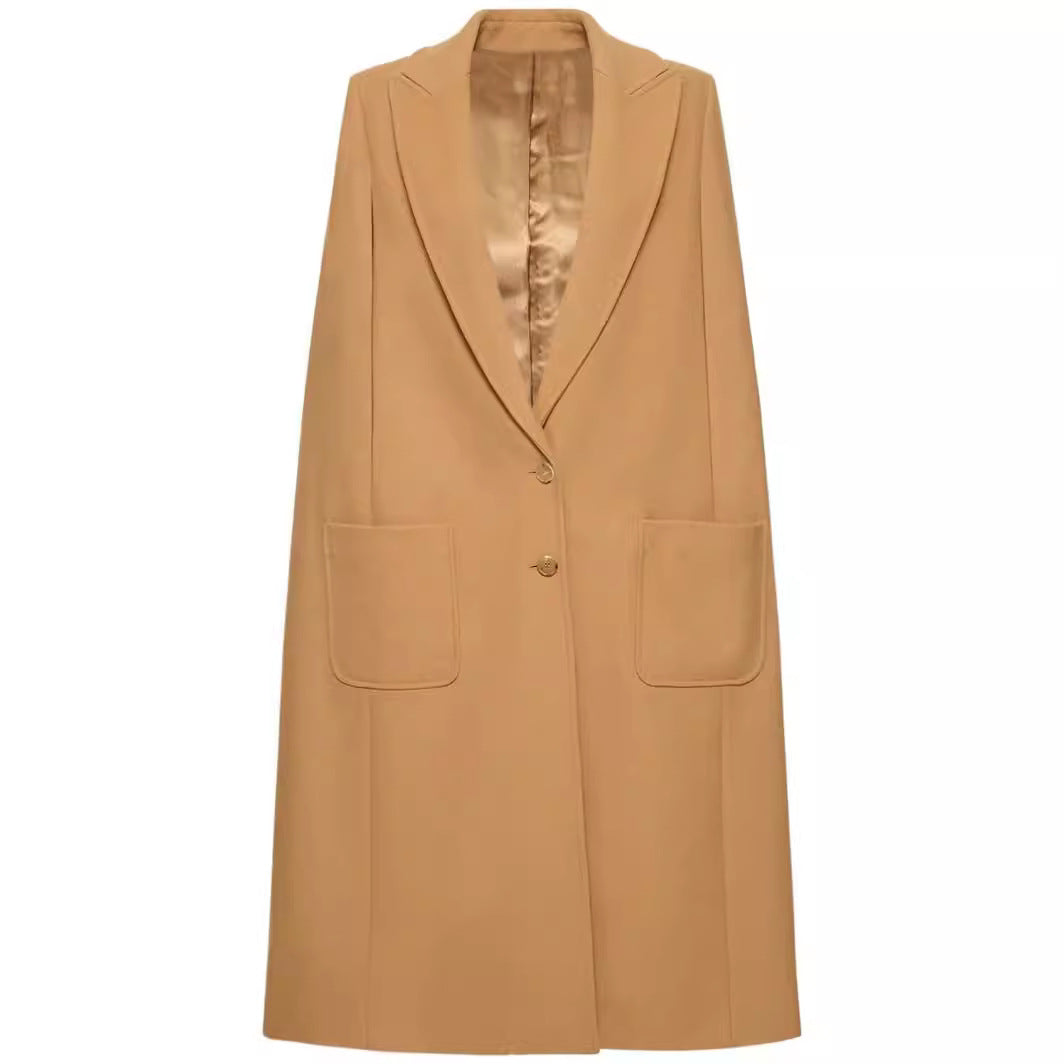 Damen Cape-inspirierter Maxilanger Mantel aus Wollmix mit schmalem Revers Echoarchiv