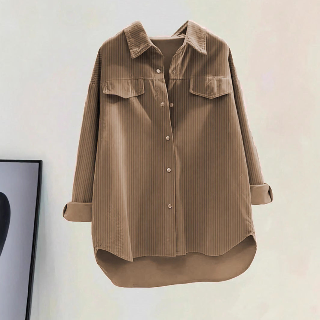 Damen Oversize-Cordhemd mit Brusttaschen & abgerundetem Saum – Avérine