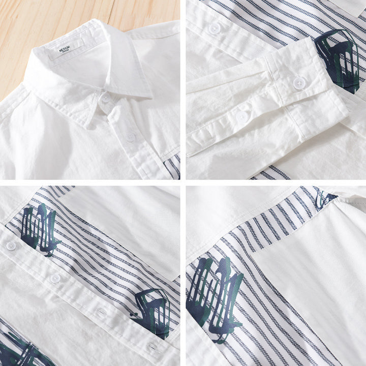 Herren Casual-Overshirt aus Baumwollpopeline mit gestreiften Patch-Einsätzen und Pinselprint Echoarchiv