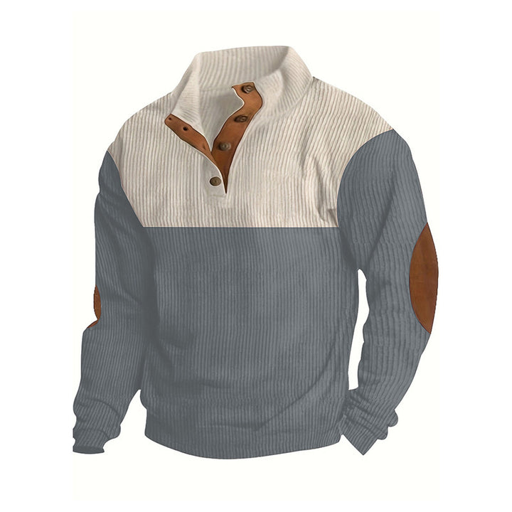 Herren Strukturierter Halbknopf-Pullover mit Stehkragen, Rippenstruktur und Ellenbogen-Patches Echoarchiv