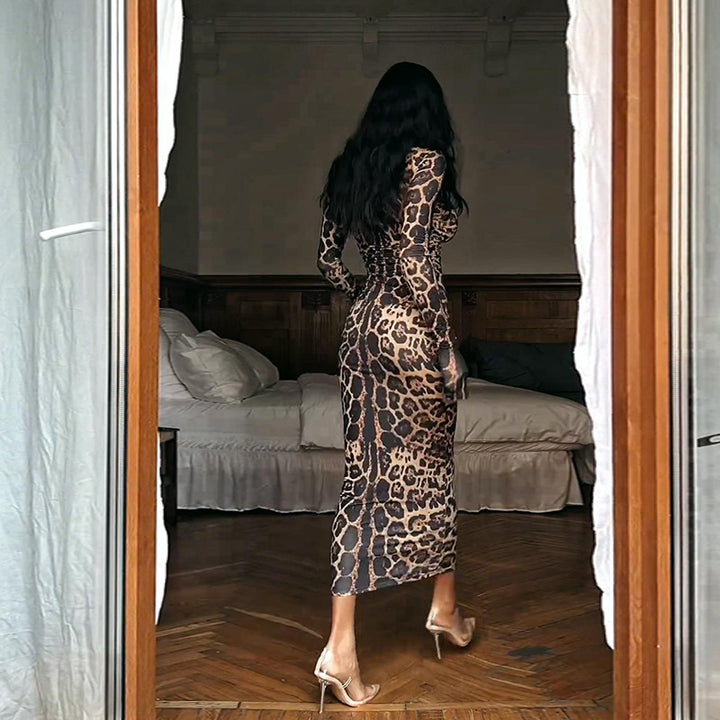 Damen Elegantes transparentes Maxikleid mit Leopardenmotiv und langem Arm Echo Archiv