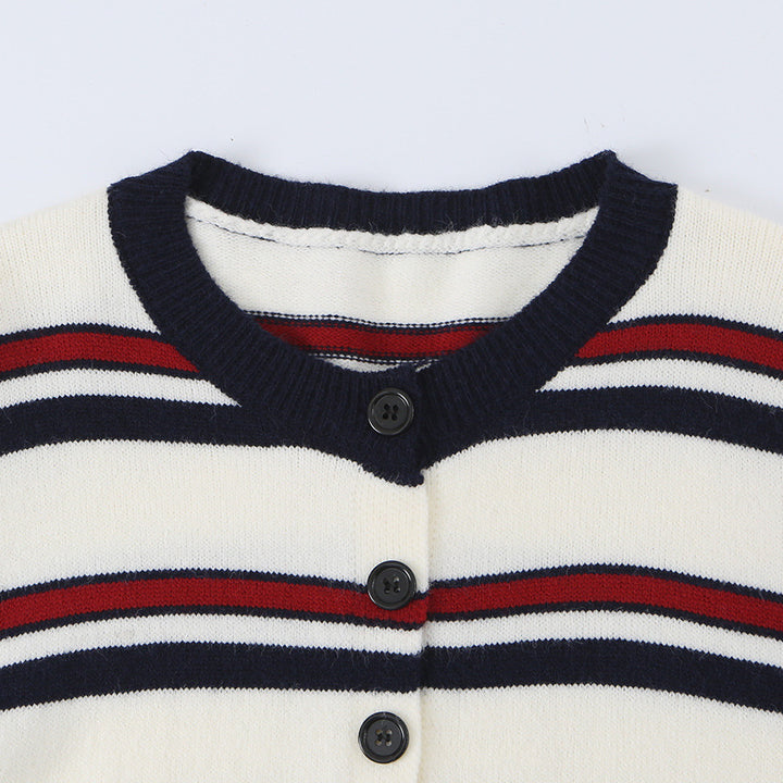 Damen nan gestreifte Strickjacke mit Knopfleiste, V-Ausschnitt und tailliertem Bund Echo Archiv