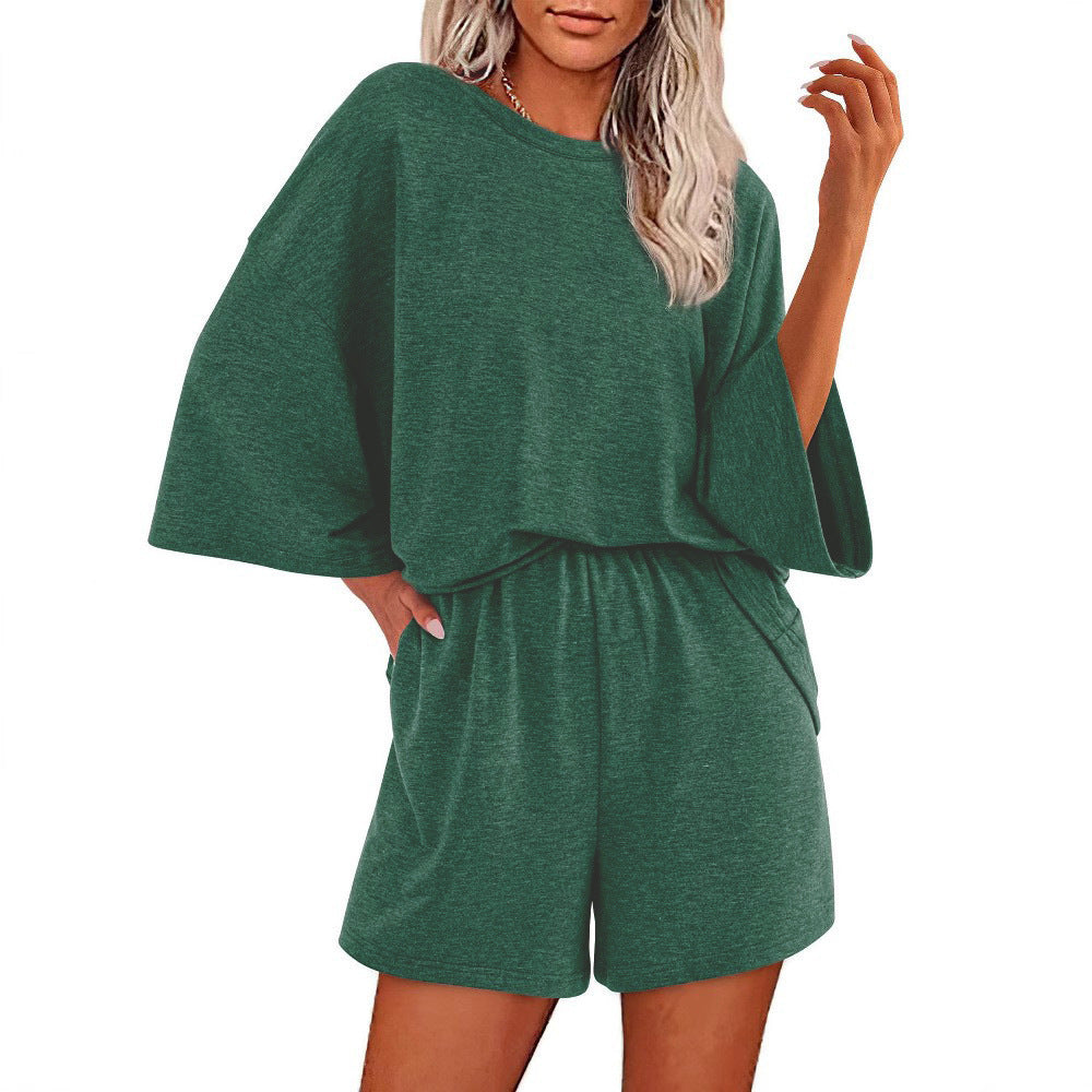 Damen Oversized Fledermaus Kurzarm Lounge Oberteil und Shorts Set mit Elastischem Bund – Élanora