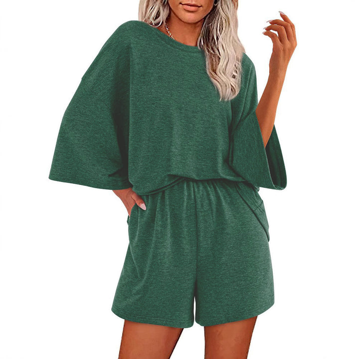 Damen Oversized Fledermaus Kurzarm Lounge Oberteil und Shorts Set mit Elastischem Bund – Élanora