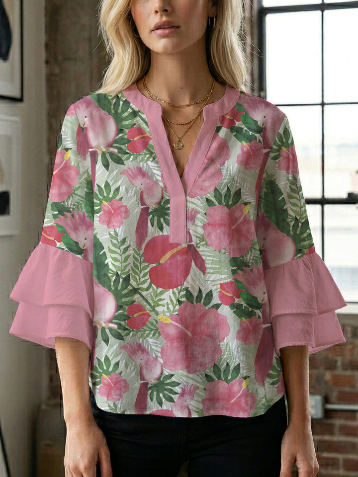 Damen Bluse mit voluminösen Rüschenärmeln und floralem Muster Echo Archiv