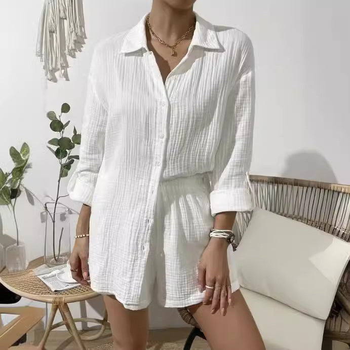 Damen nan luftig-leichter Zweiteiler Lounge-Set aus Baumwoll-Gauze mit Hemdbluse und elastischer Taillen-Shorts Echo Archiv