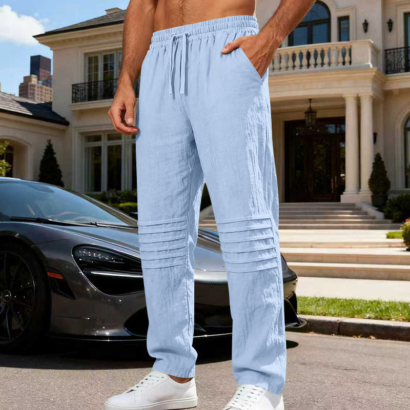 Herren Leinenoptik-Loungehose mit Tunnelzug elastischem Bund und abgesteppten Kniepanelen – Sorevano