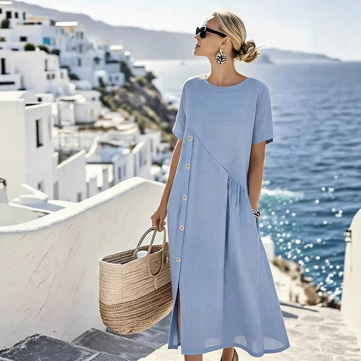 Damen Luftiges Sommerkleid mit seitlicher Knopfleiste, kurzen Ärmeln und Schlitz – Lunéa