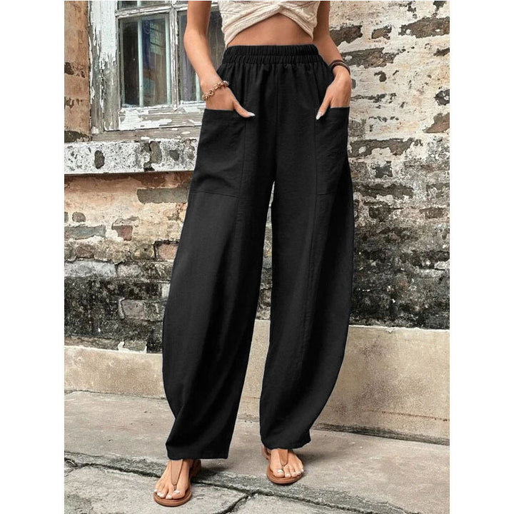Damen Weite Leinenhose mit elastischem Bund, aufgesetzten Taschen und lässigem Harem-Schnitt Echoarchiv