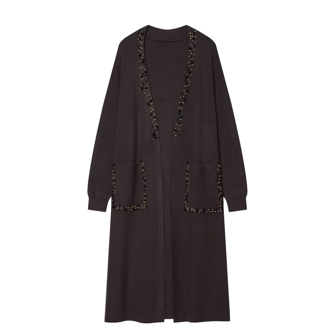 Damen langer Strickcardigan mit Perlenverzierung und aufgesetzten Taschen Echo Archiv
