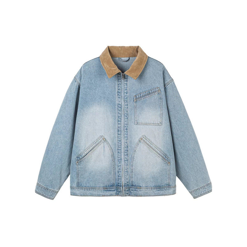 Herren Boxy-Denimjacke im Worker-Stil mit Cordkragen und Frontreißverschluss Echo Archiv