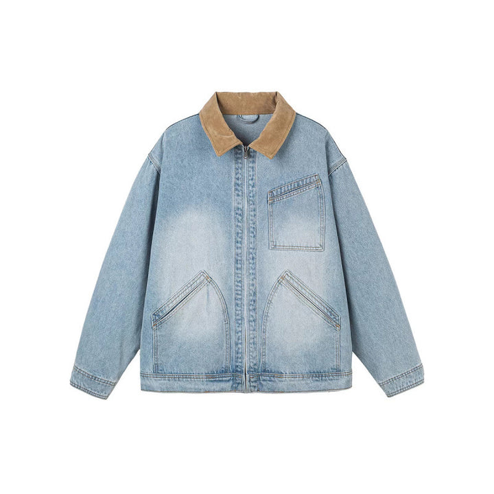 Herren Boxy-Denimjacke im Worker-Stil mit Cordkragen und Frontreißverschluss Echo Archiv