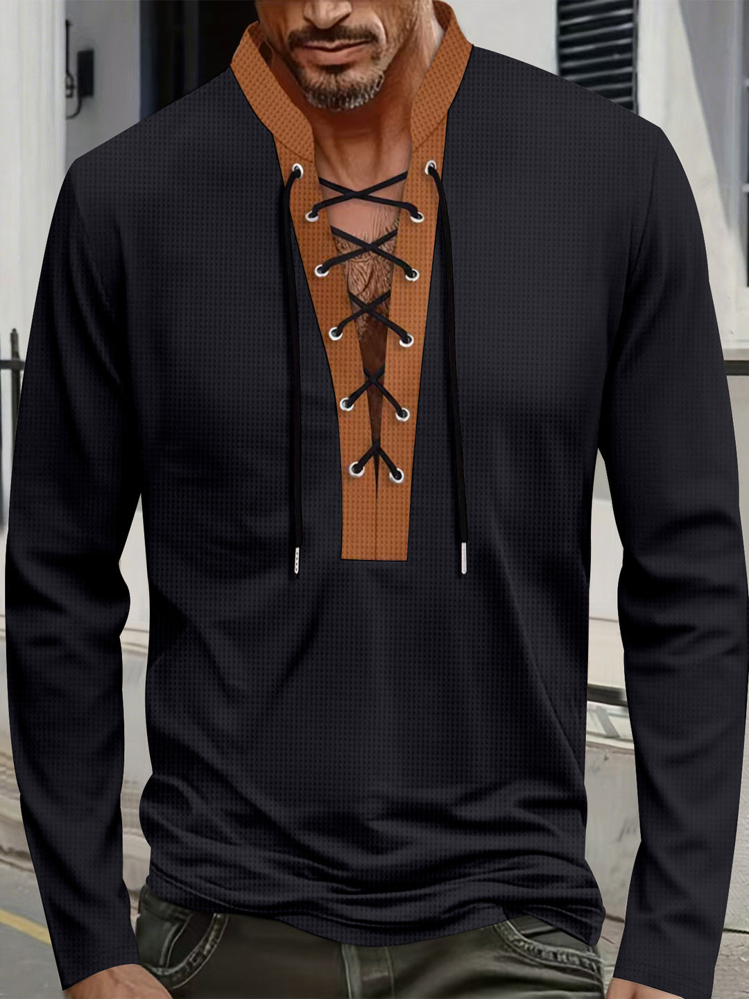 Herren modisches Langarmshirt mit einzigartigem Schnürdesign und ansprechendem Kragen Echoarchiv