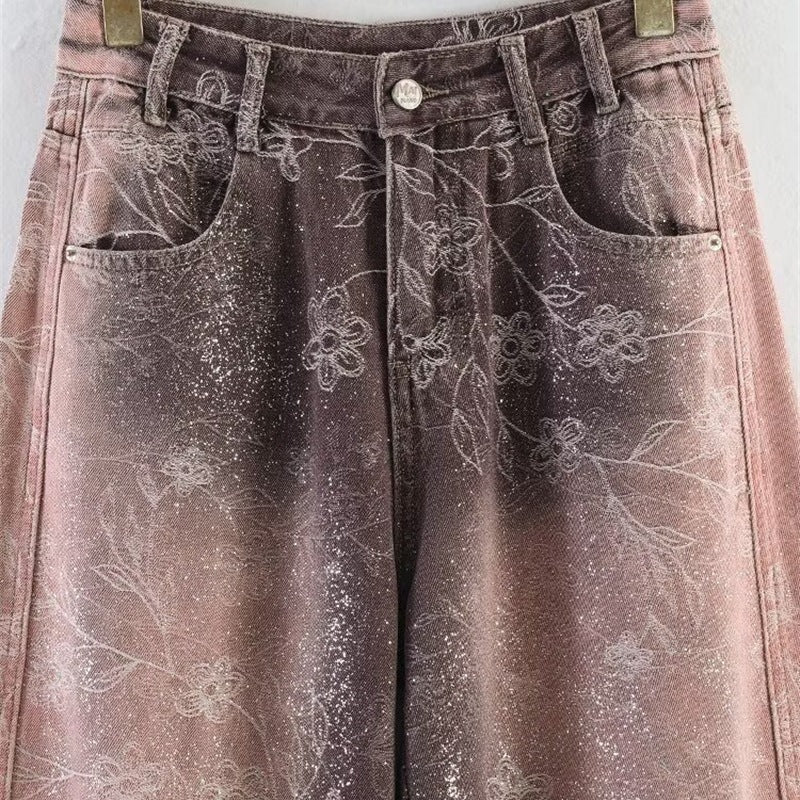 Damen High‑Waist-Jeanshose mit weitem Bein, floraler Vintage‑Print und Five‑Pocket-Schnitt Echo Archiv
