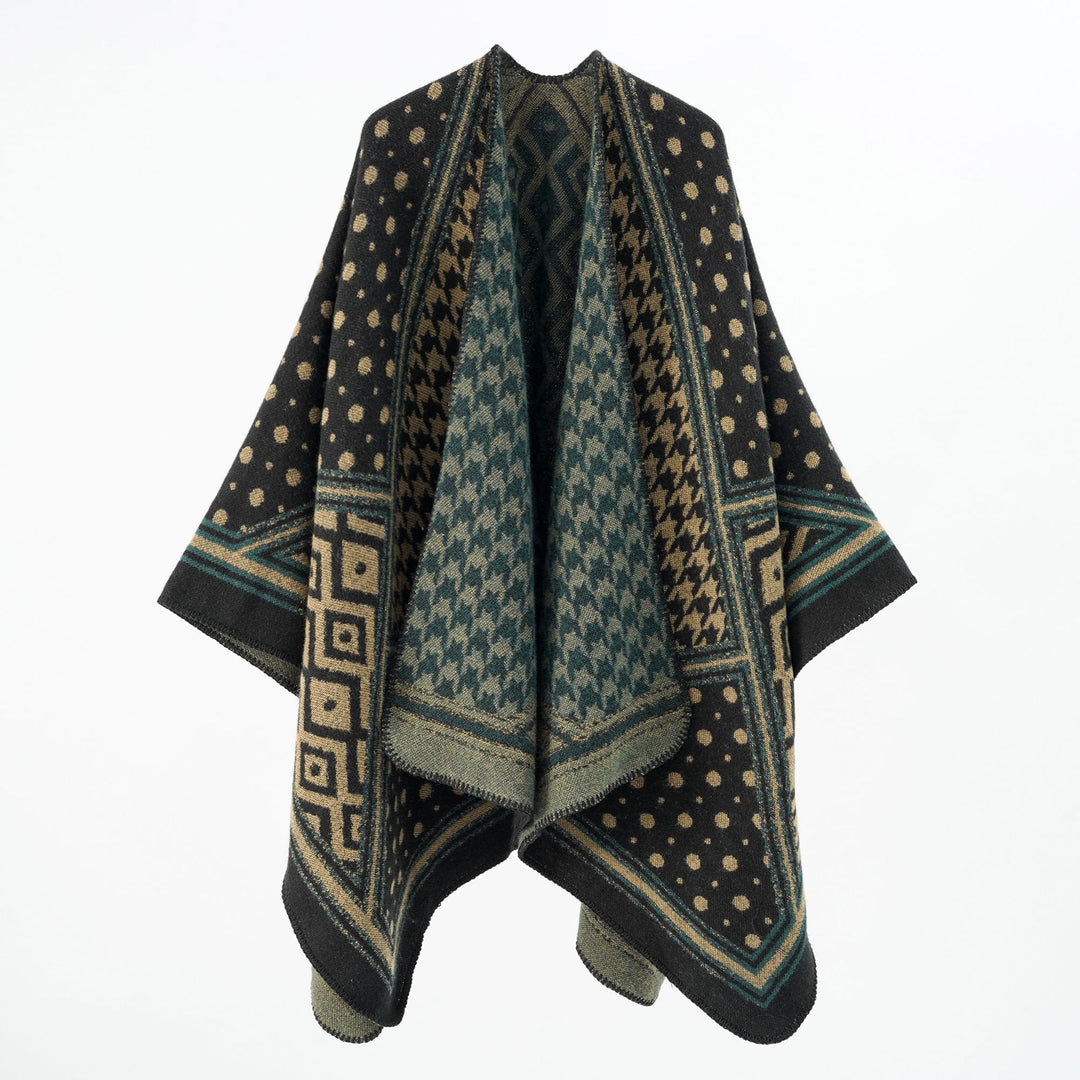 Damen Gewebter Jacquard‑Capeponcho mit Hahnentritt‑ und Ornamentmix Echo Archiv