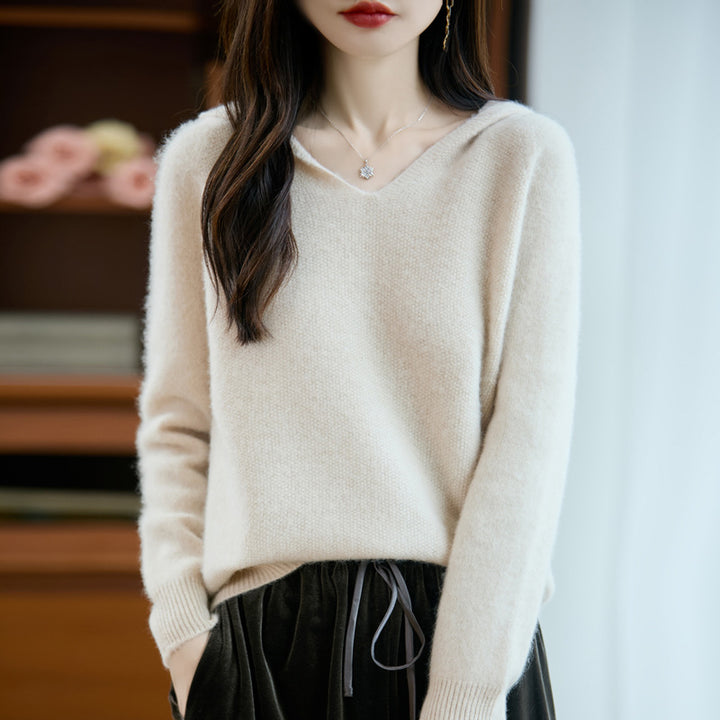 Damen Weicher Mohair‑Optik Kapuzenpullover mit V‑Ausschnitt und geripptem Saum Echoarchiv