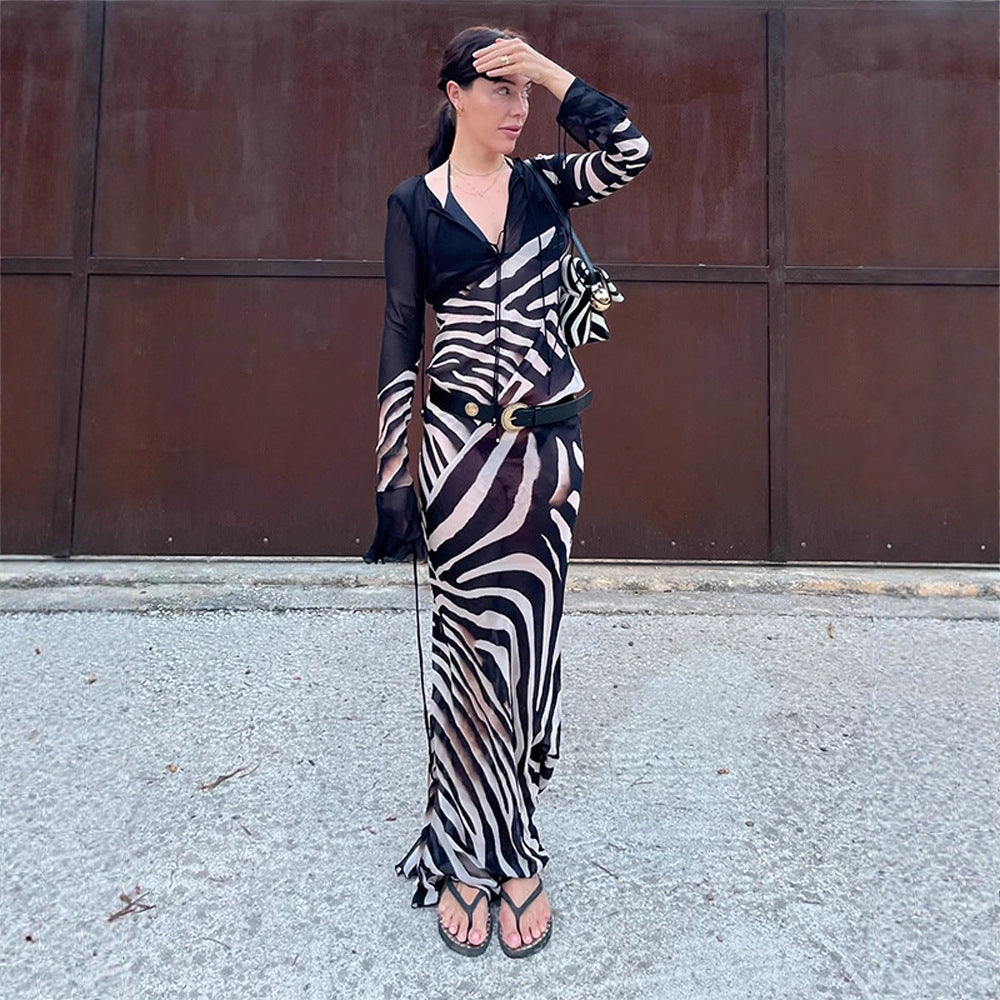 Damen figurbetontes Mesh‑Maxikleid mit tiefem V‑Ausschnitt & grafischem Zebra‑Print Echoarchiv