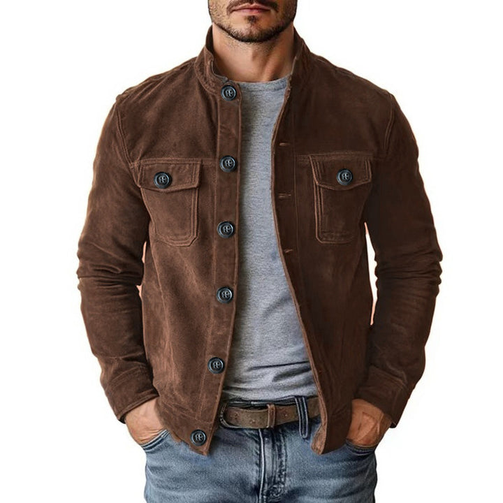 Herren Veloursleder-Fieldjacke mit Stehkragen, Pattentaschen und figurbetonter Schnitt Echoarchiv