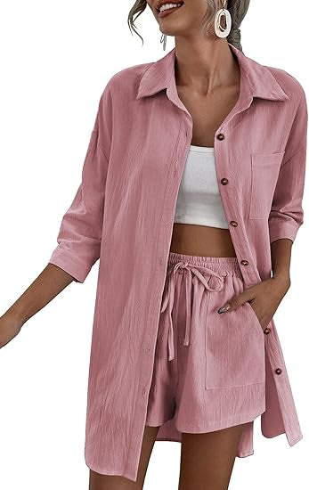 Damen Leichtes Longline-Hemdjacken-Set mit elastischer High-Waist-Shorts – Élanora
