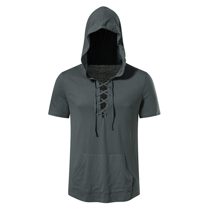 Herren Kurzarm-Hoodie mit lässigem Lacing-Design und praktischer Kängurutasche Echoarchiv