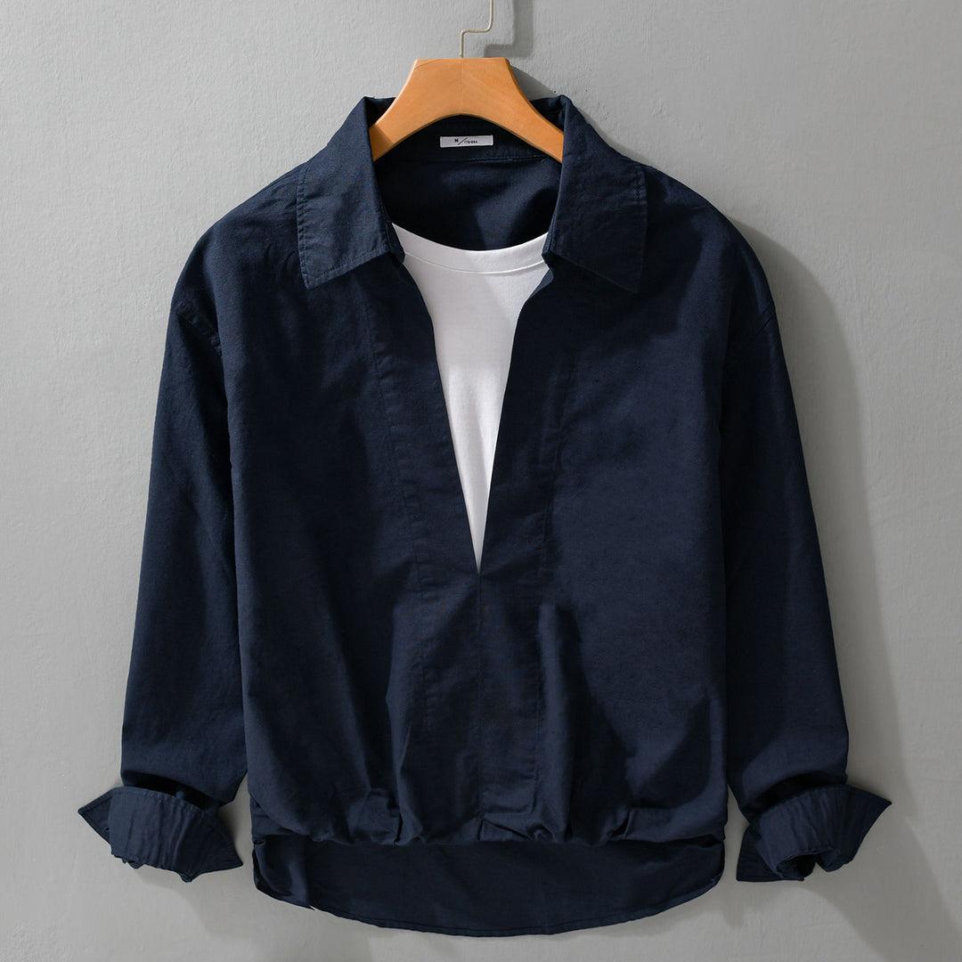 Herren Leichtes Leinen-Overshirt mit V-Ausschnitt, Hemdkragen und elastischem Saum Echoarchiv