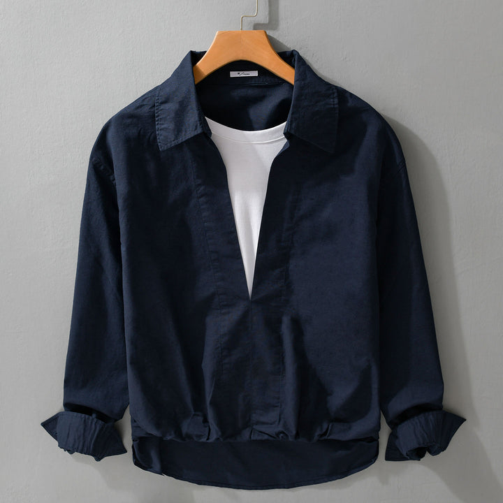 Herren Leichtes Leinen-Overshirt mit V-Ausschnitt, Hemdkragen und elastischem Saum Echoarchiv