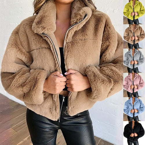 Damen nan kurze kuschelige Kunstpelzjacke mit Stehkragen und Reißverschluss Echo Archiv
