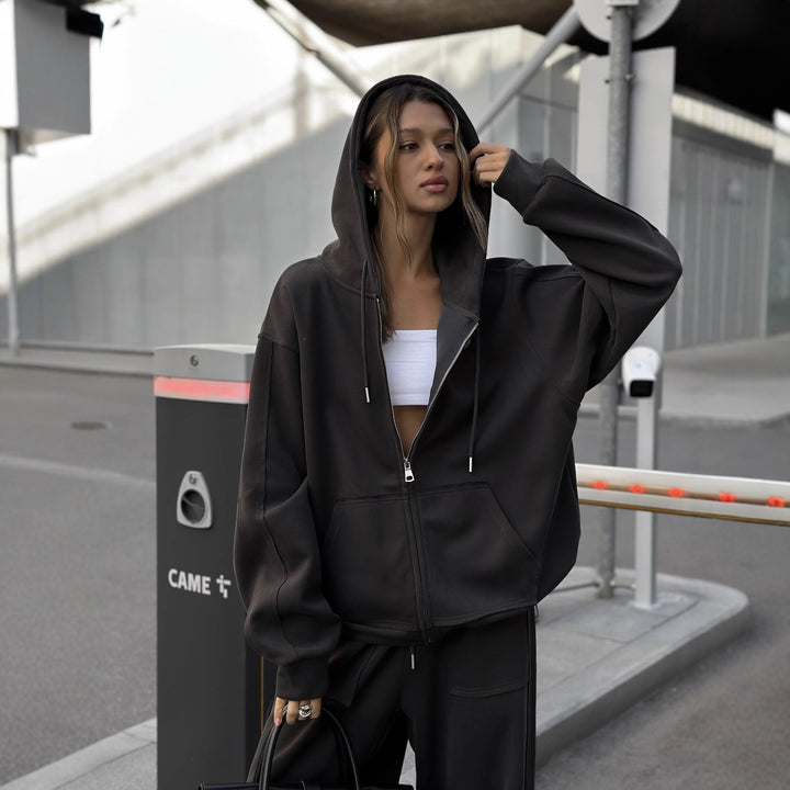 Damen oversized Kapuzenjacke mit Reißverschluss und lässiger Cargo-Loungehose – Auréline