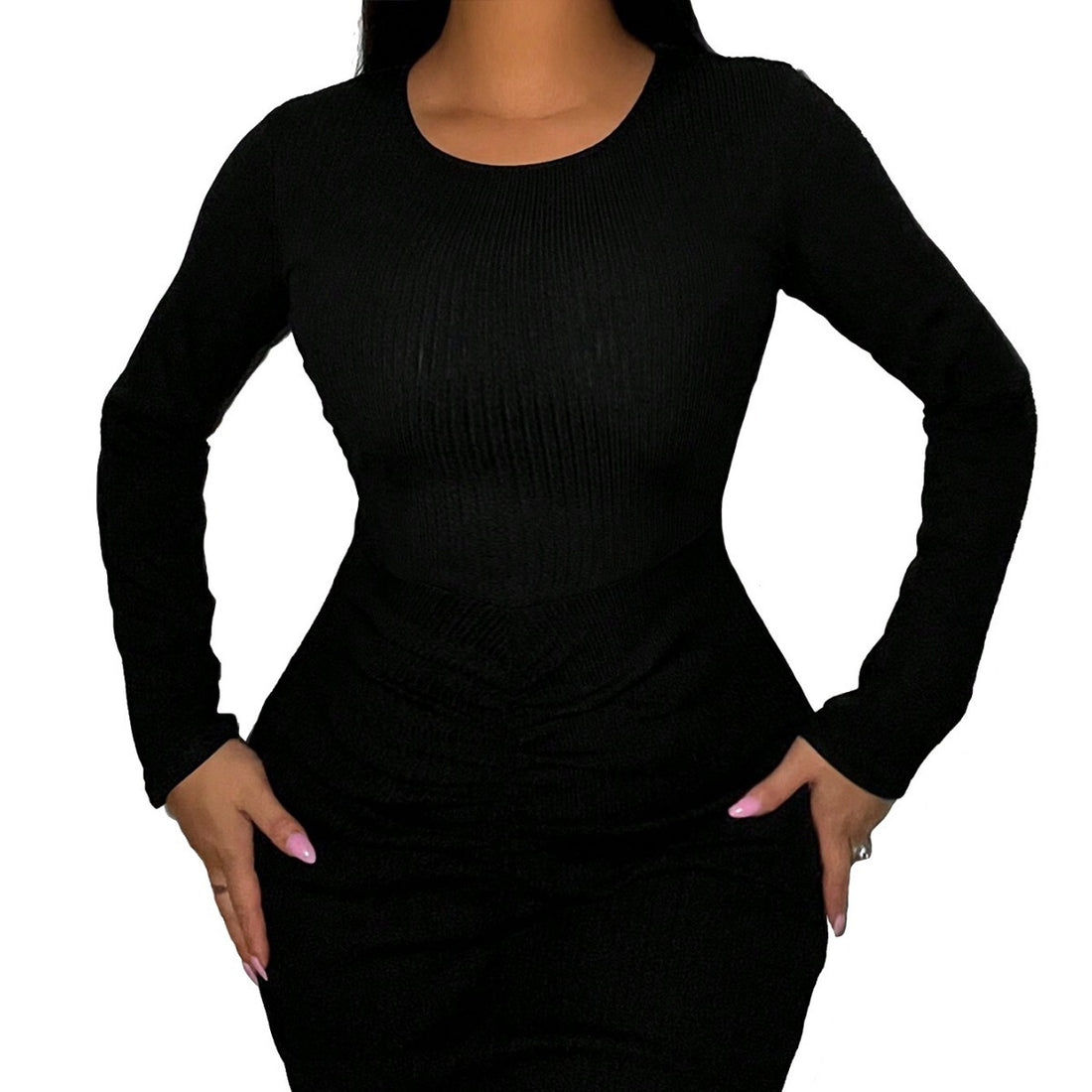Damen figurbetontes Rippstrick-Minikleid mit Rundhalsausschnitt und langen Ärmeln – Élara