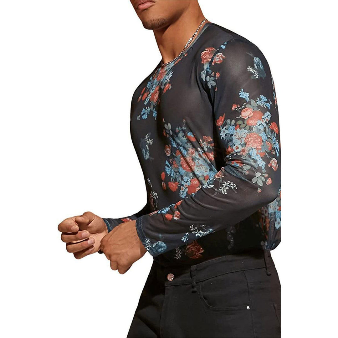 Herren Langarmshirt mit floralem Muster und transparentem Stoff Echoarchiv
