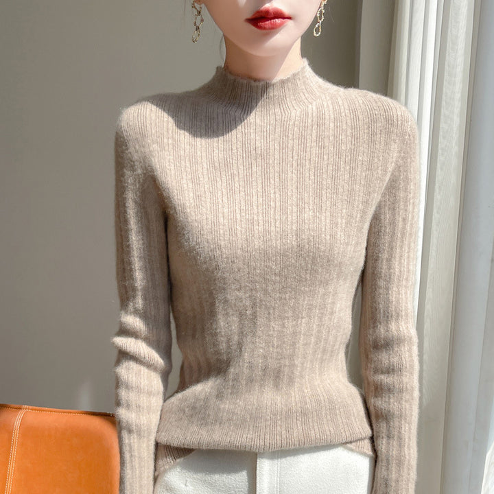 Damen Schmal geschnittener Feinstrick-Pullover mit kurzem Stehkragen und feiner Rippenstruktur Echoarchiv