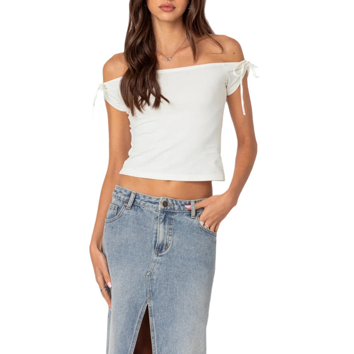 Damen raffiniertes Off-Shoulder T-Shirt mit eleganten Bindebändern Echo Archiv