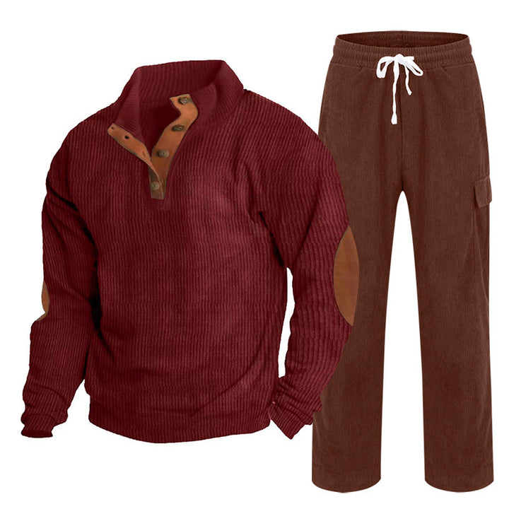 Herren nan Strick-Freizeitset mit Knopfleiste und Ellenbogenaufnähern sowie Cord-Cargohose Echo Archiv