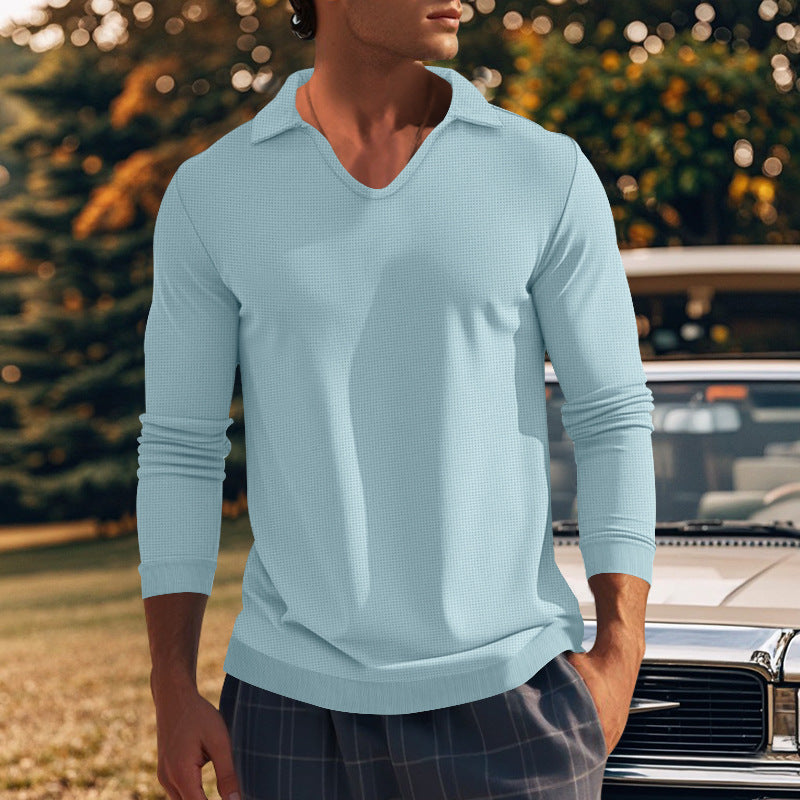 Herren lässiges Langarm-Shirt mit V-Ausschnitt und strukturiertem Gewebe Echoarchiv