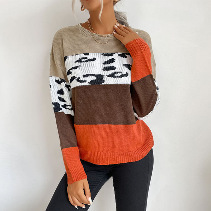 Damen Colorblock Strickpullover mit Leopardenprint-Einsatz und lässiger Oversize-Passform Echoarchiv