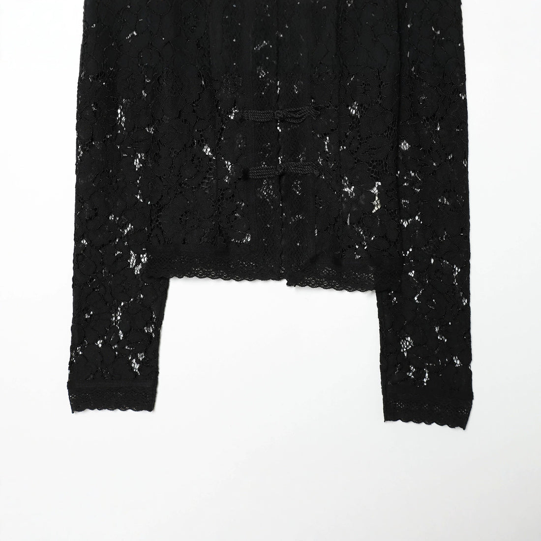 Damen elegante Spitzenjacke mit Stehkragen, dekorativen Kordelverschlüssen und cropped Silhouette – Célinea