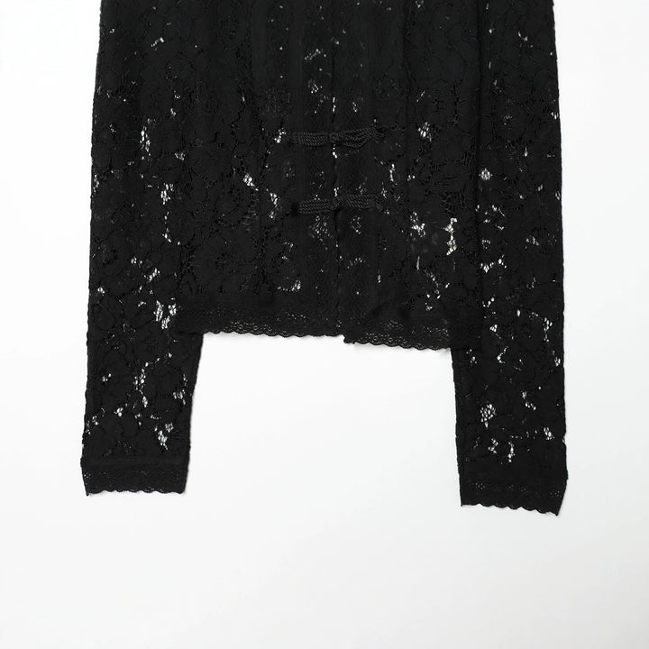 Damen elegante Spitzenjacke mit Stehkragen, dekorativen Kordelverschlüssen und cropped Silhouette – Célinea