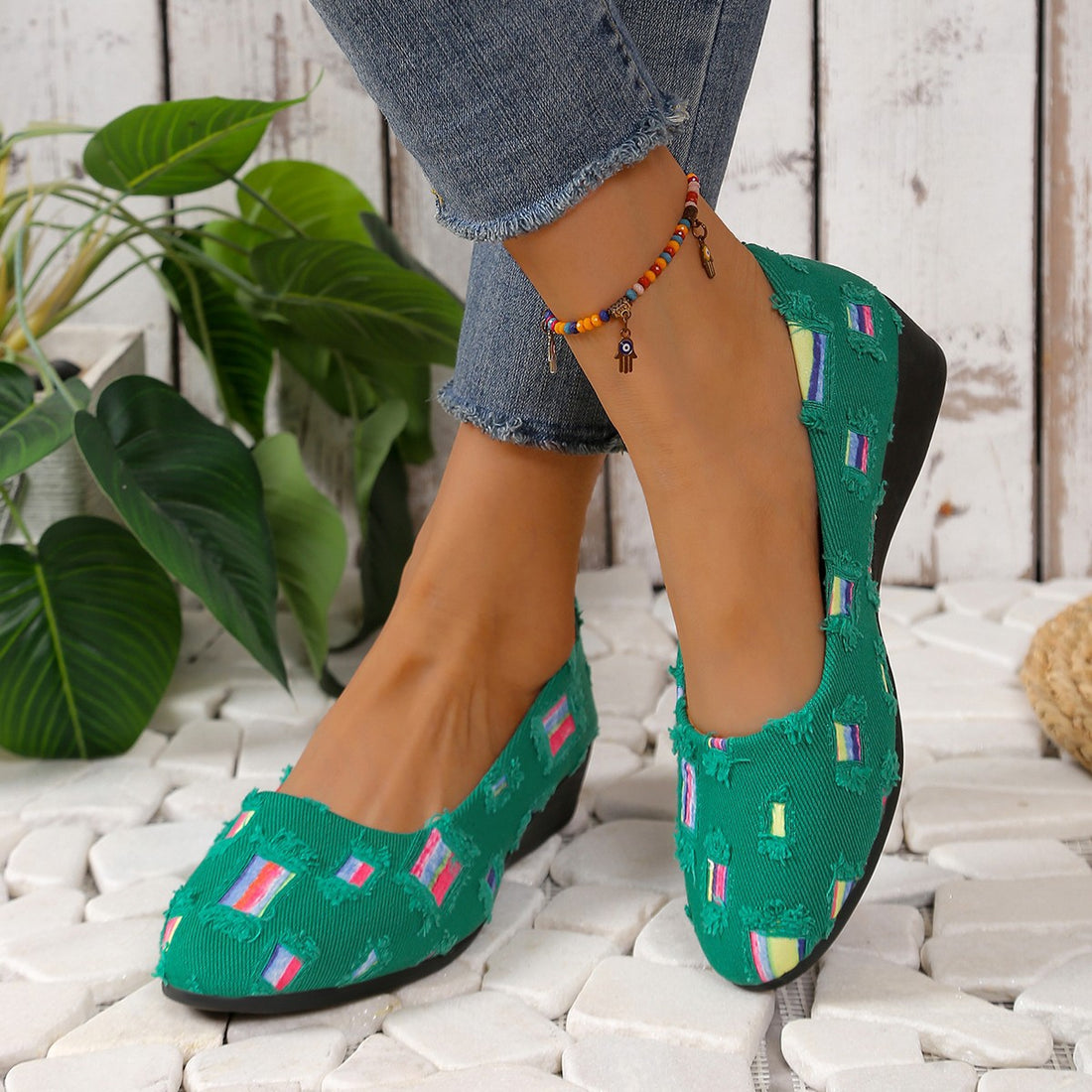 Damen Komfort-Ballerinas mit leichtem Keilabsatz, Materialmix und gepolstertem Fußbett – Lioré